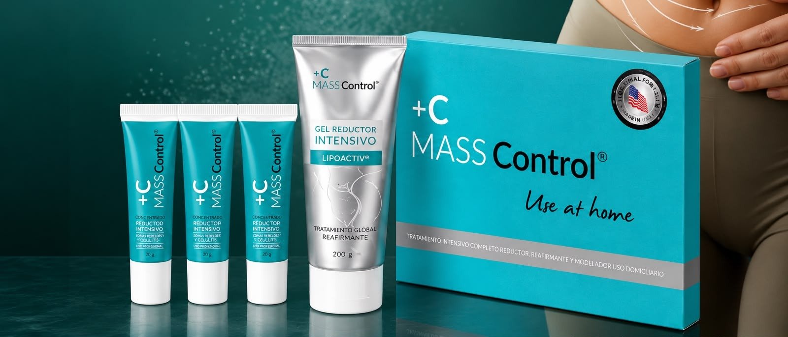 Productos Mass Control: concentrado reductor intensivo, gel reductor Lipoactiv y kit de uso domiciliario